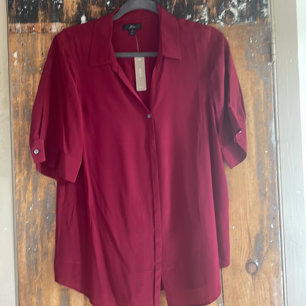 J Crew Short Sleeve Silk Blouse Red Medium Tall NWT
